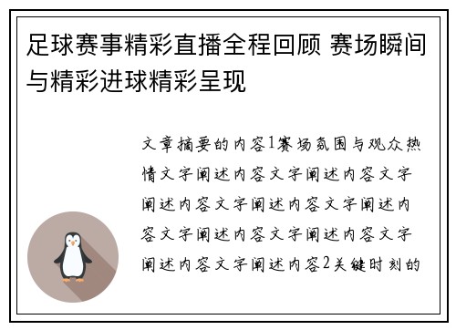 足球赛事精彩直播全程回顾 赛场瞬间与精彩进球精彩呈现